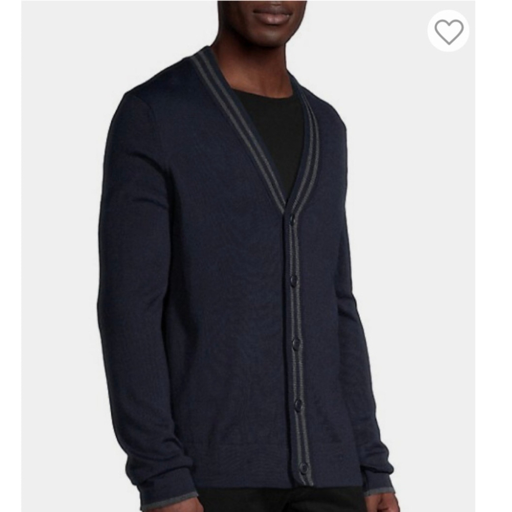 Hörst Men’s Knit Cardigan Varsity Tipping Stripes Navy Blue Gray Sz S Oversized